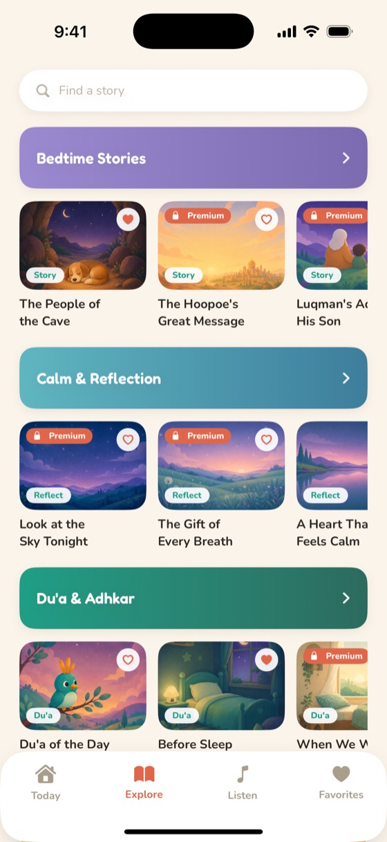 Yusra library screen with bands of stories, du'as and lessons
