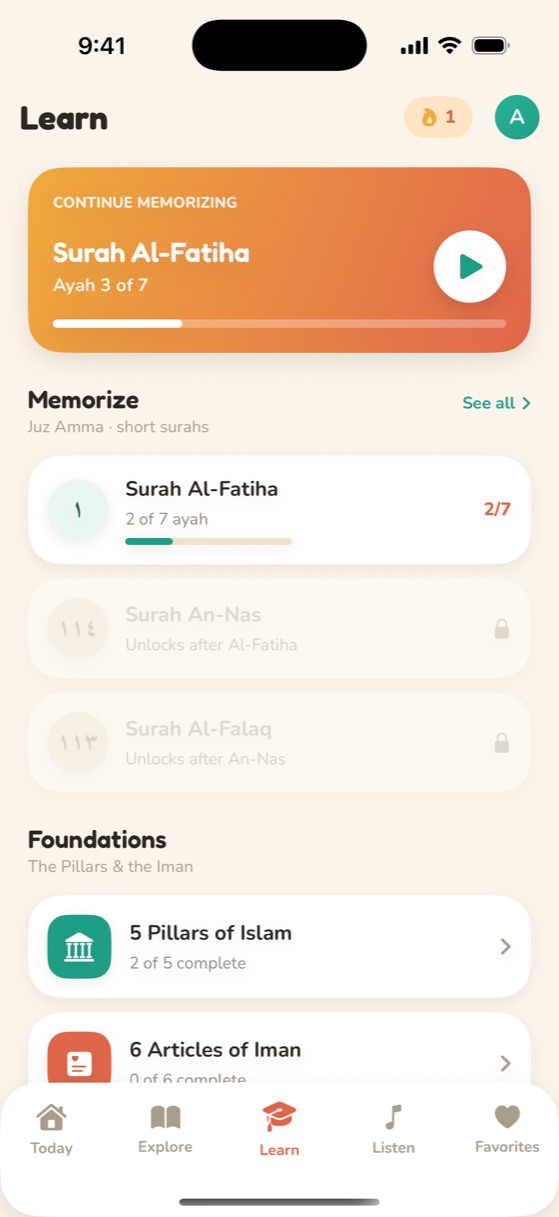 Yusra Learn hub with the Hifz ladder, Memorize surahs and Foundations lessons