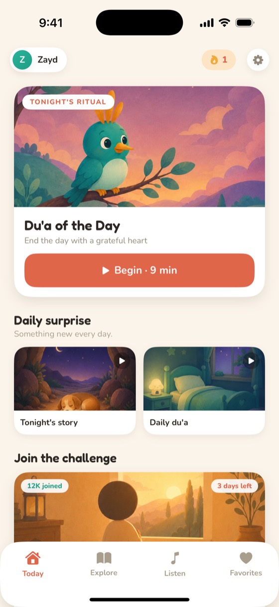 Yusra home screen showing Tonight's Ritual with Hudhud the hoopoe